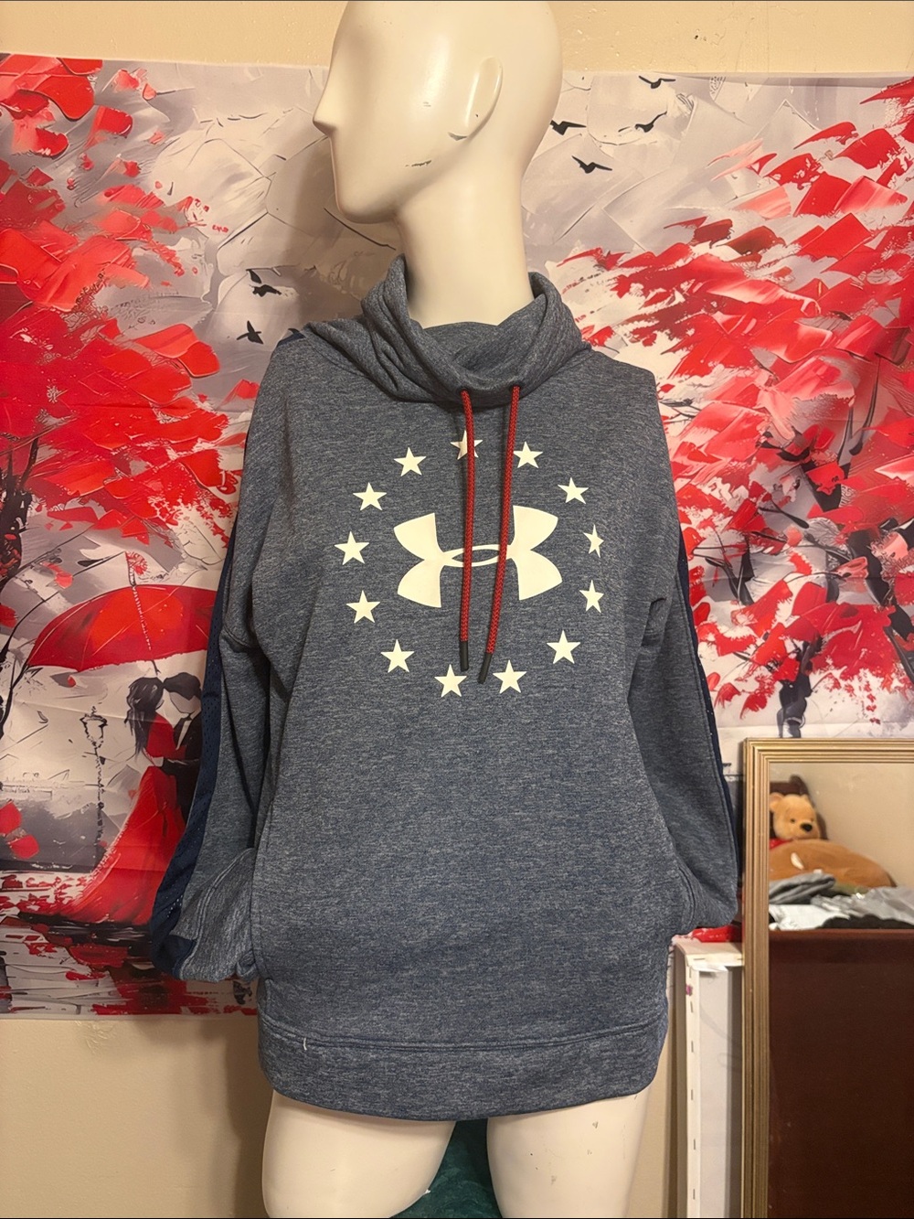 Under Armour Women's Navy Heather Cowl Sweatshirt with Red Drawstrings